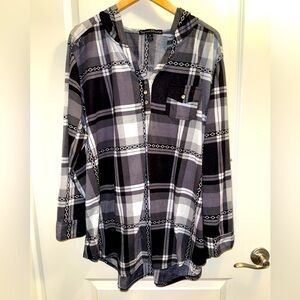 French Laundry Women’s Black and White Hooded Plaid Shirt with Rhinestones